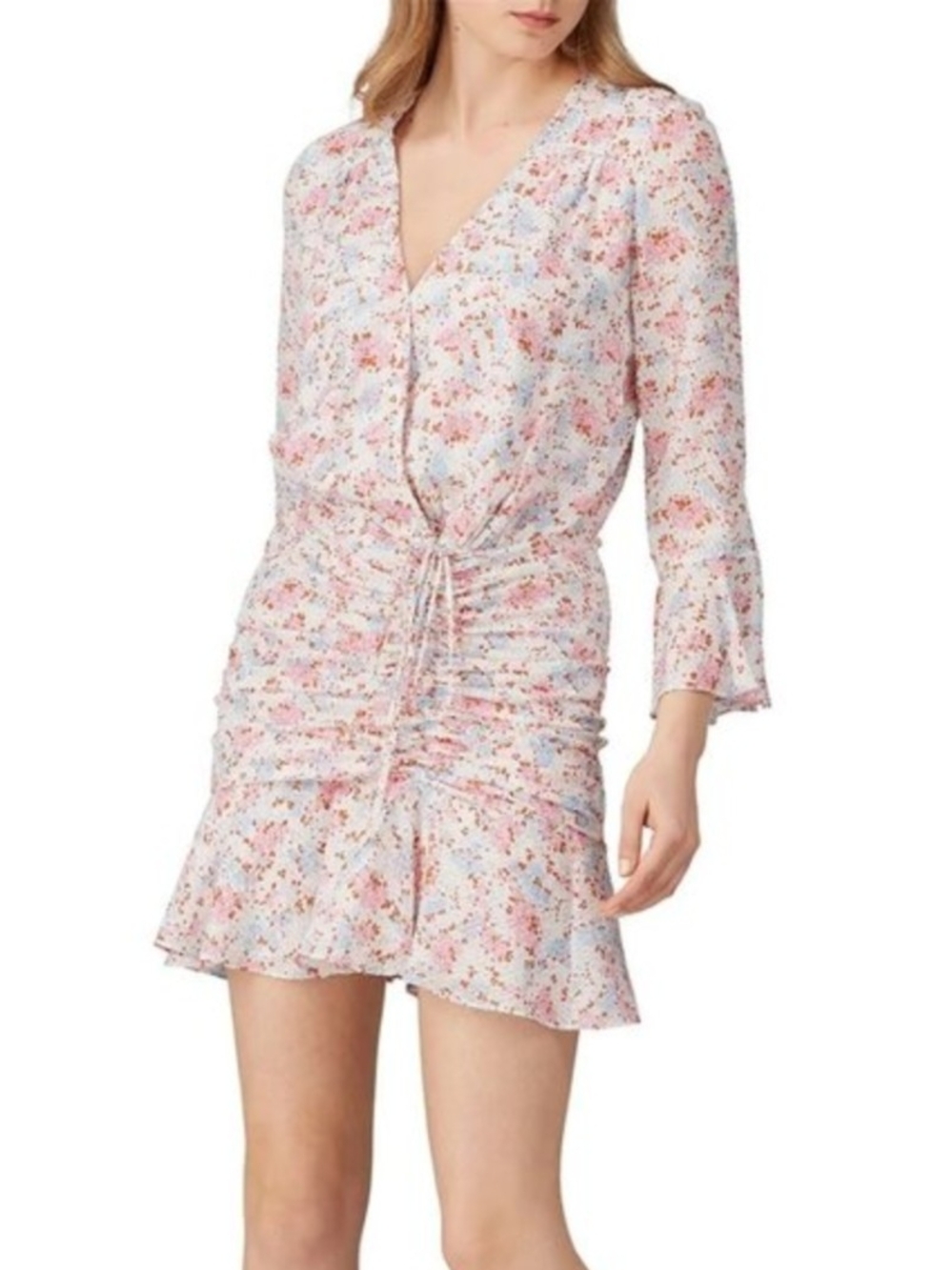 Veronica Beard Pink & Blue Floral Drawstring V-Neck Mini Dress